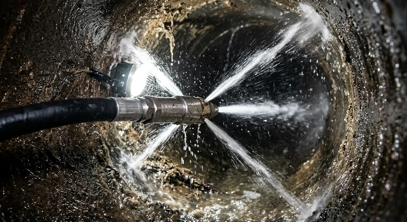 High-pressure hydro jetting nozzle cleaning sewer pipe for Emergency Drain Service in Cuero