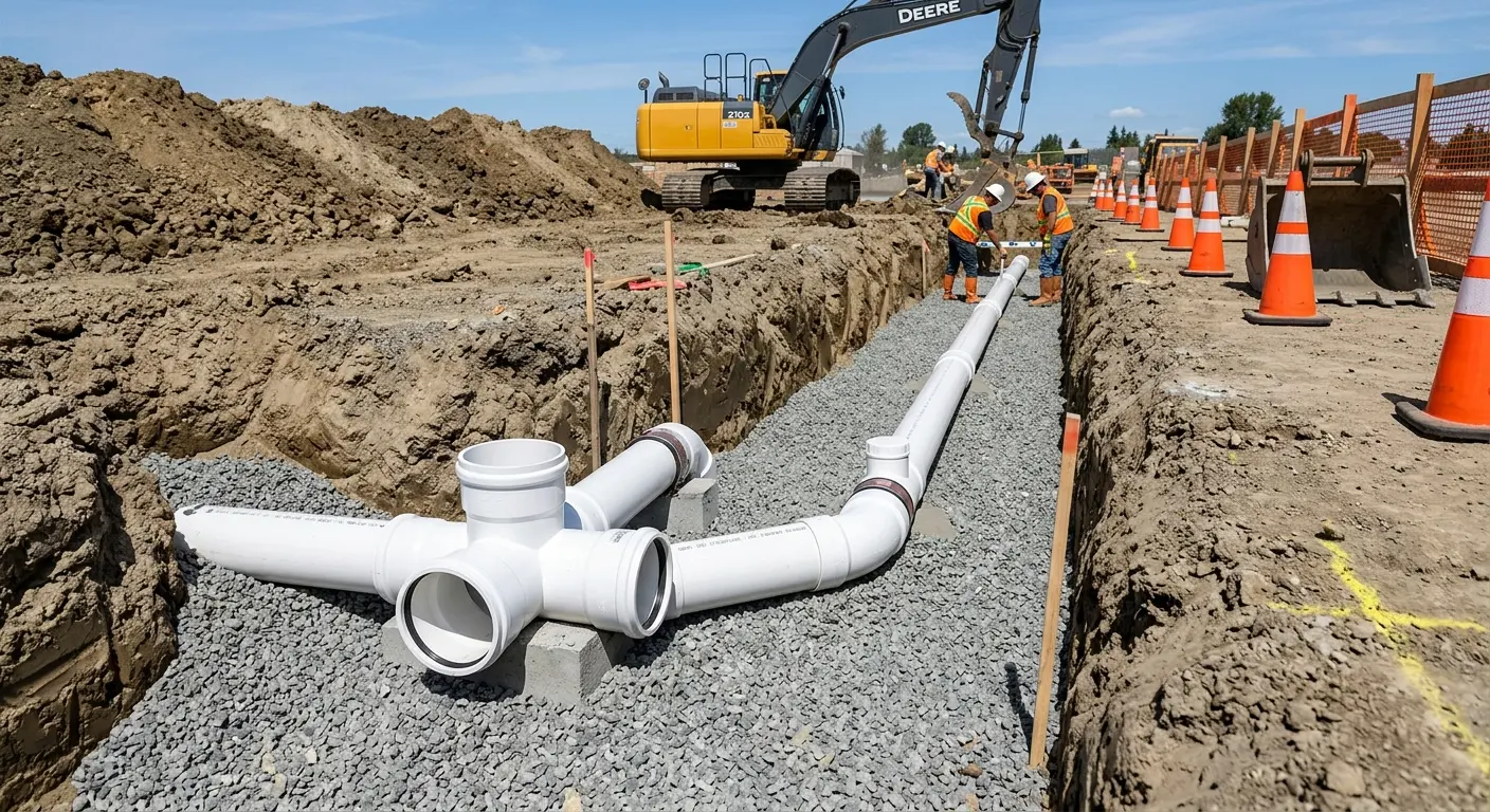 New PVC sewer pipe installation in open trench for Sewer Backup in Cuero